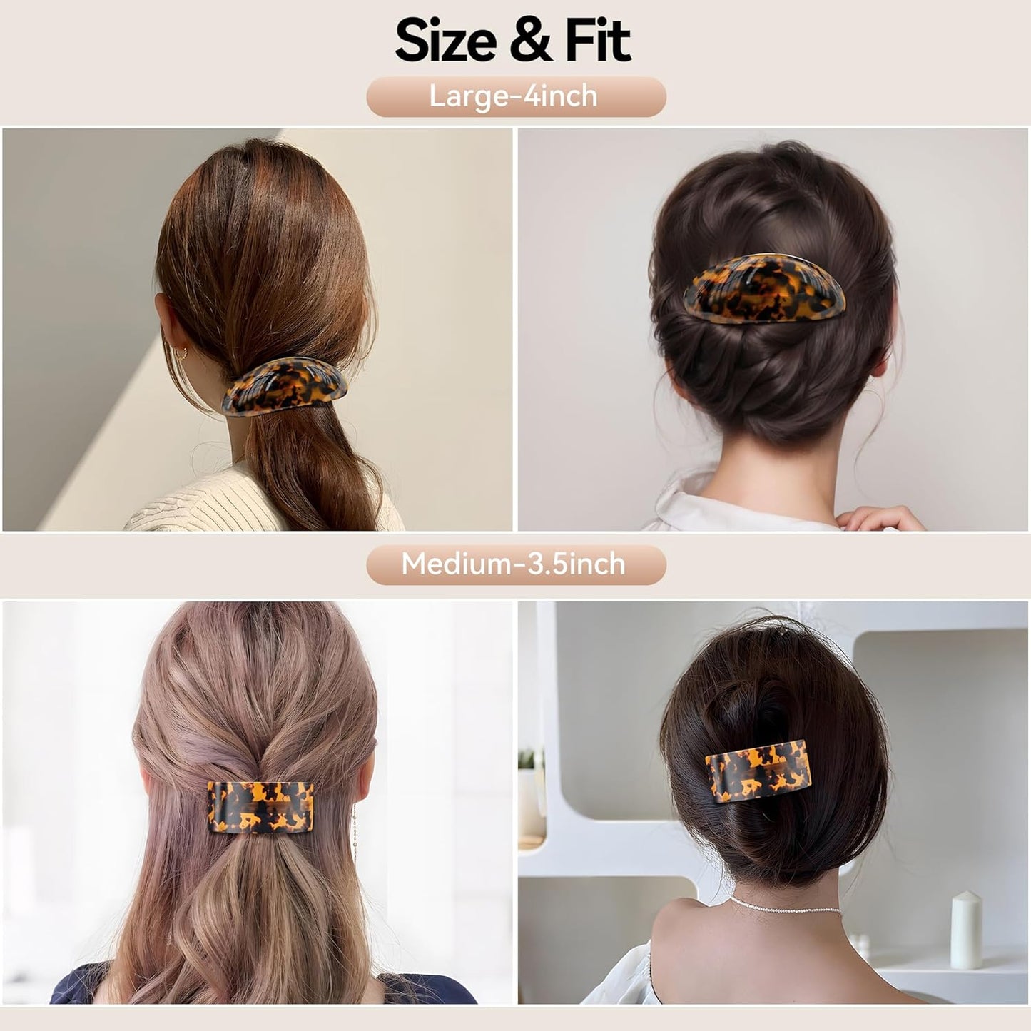 French Oval Barrette Hair Clips,Acetate Large Vintage Tortoise Shell Barrettes,Strong Hold No-Slip Grip Metal Clasp,2-Pack 4"&3" Hair Accessories for Thick Wavy Long Hair Women Gift (Tortoise)