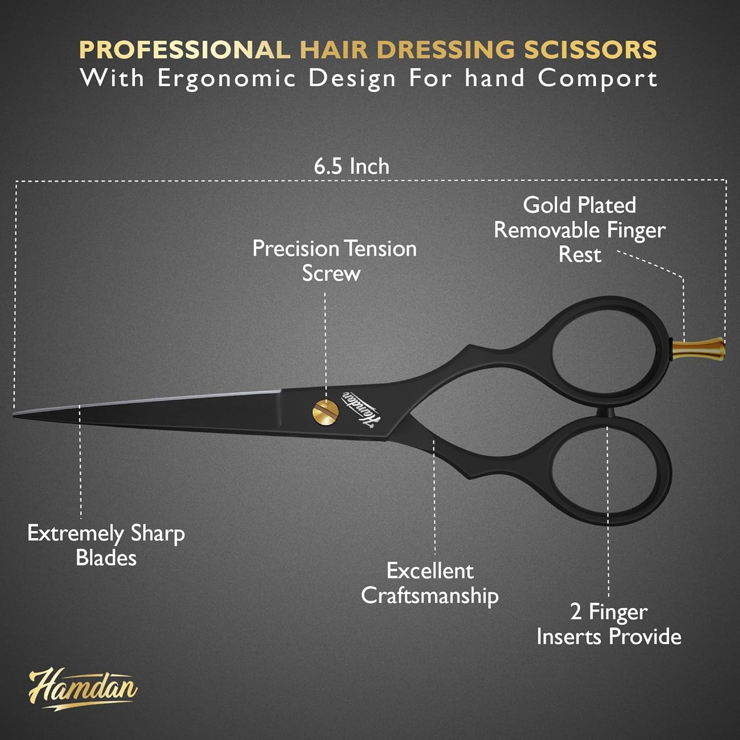 Hamdan 6.5” Matte Black Hair Scissors, Barber Shears for Men, Women & Kids – Ultra-Sharp Professional Hair Cutting Scissors with Pouch, Precision Haircut for Salon & Home - Tijeras De Peluqueria