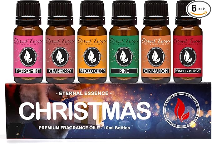 Eternal Essence Oils Christmas Set of 6 Premium Fragrance Oils - Peppermint, Cranberry, Spiced Cider, Pine, Cinnamon and Reindeer Retreat - for Diffusers, Candle & Soap Making, & Aromatherapy - 10ML