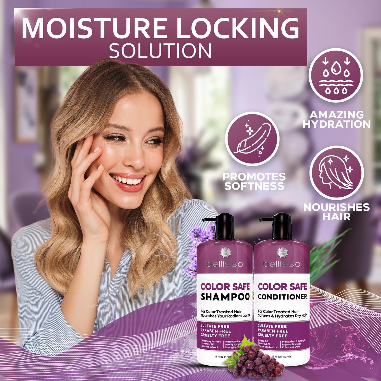 Color Safe Shampoo and Conditioner Set – Anti-Fade Protection for Color Treated, Dyed & Highlighted Hair – Sulfate & Paraben Free, Hydrating Formula with Rosemary, Coconut & Argan Oil for Women & Men