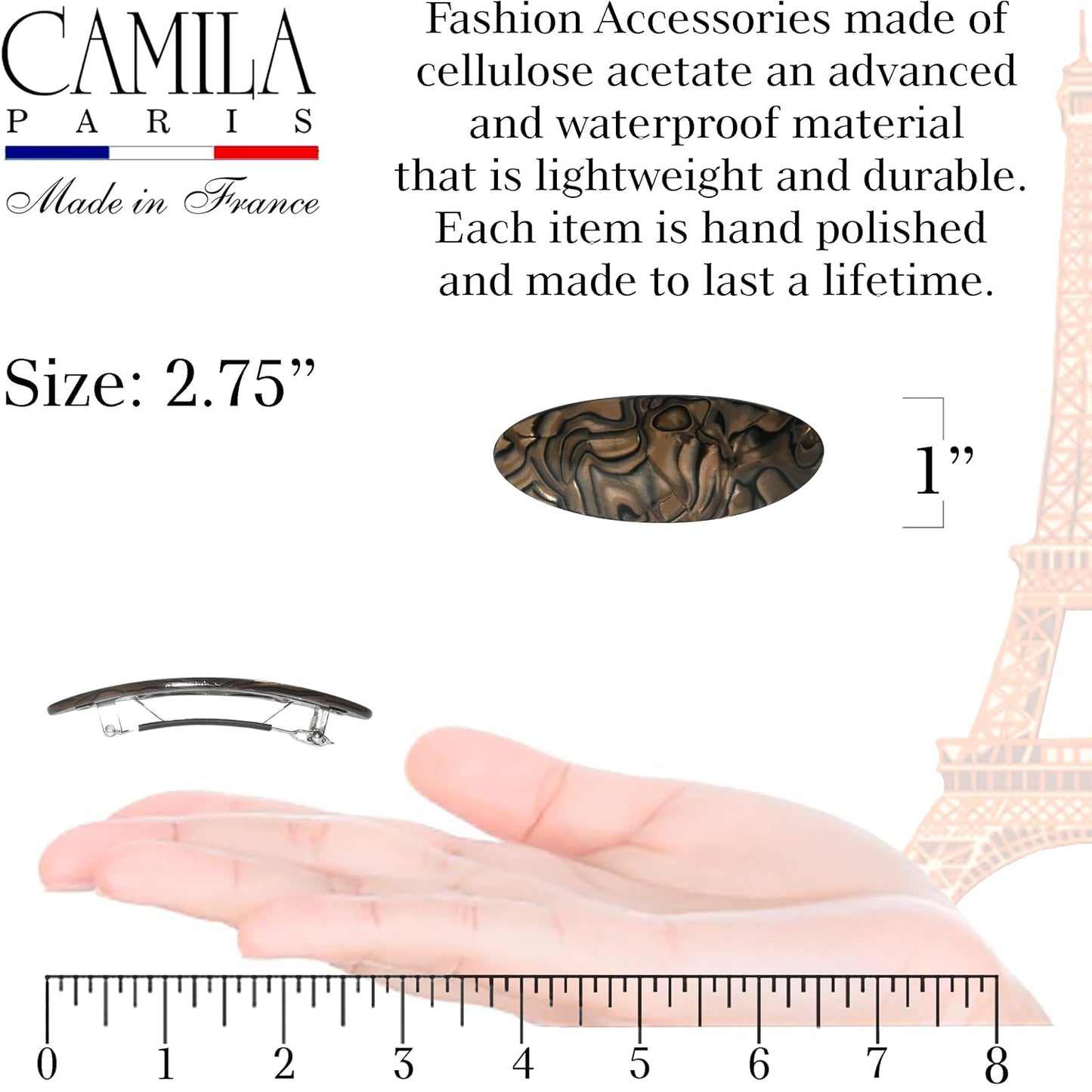 Camila Paris CP3884 French Hair Barrette Clip Handmade Oval Brown, Strong Hold Grip Hair Clips for Women, No Slip Rubberized Metal Closure, Durable Styling Girls Hair Accessories, Made in France