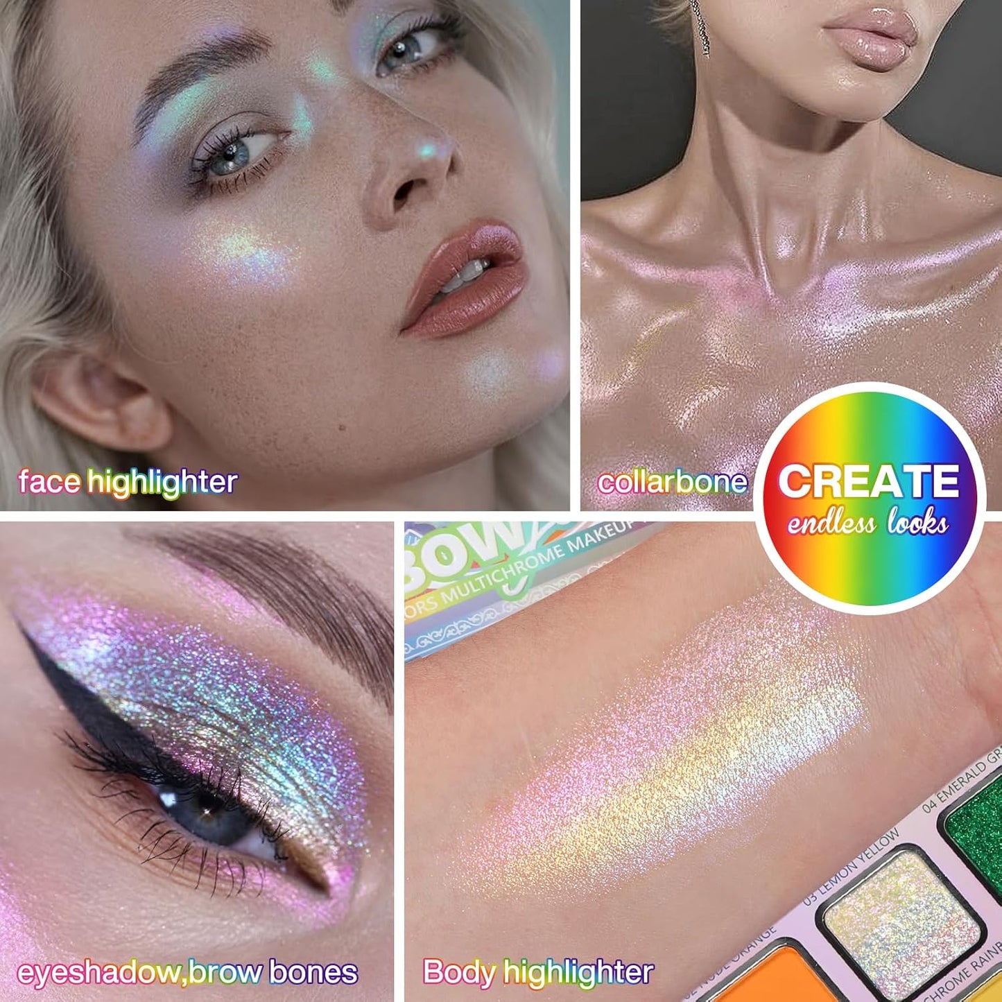 DE'LANCI Rainbow Eyeshadow Palette Colorful Makeup Pallet, Multichrome Bright Neon Eyeshadow Palette, High Pigment Vibrant Face Paint Rainbow Iridescent Makeup Long Lasting Daily Festival Goth FX Look