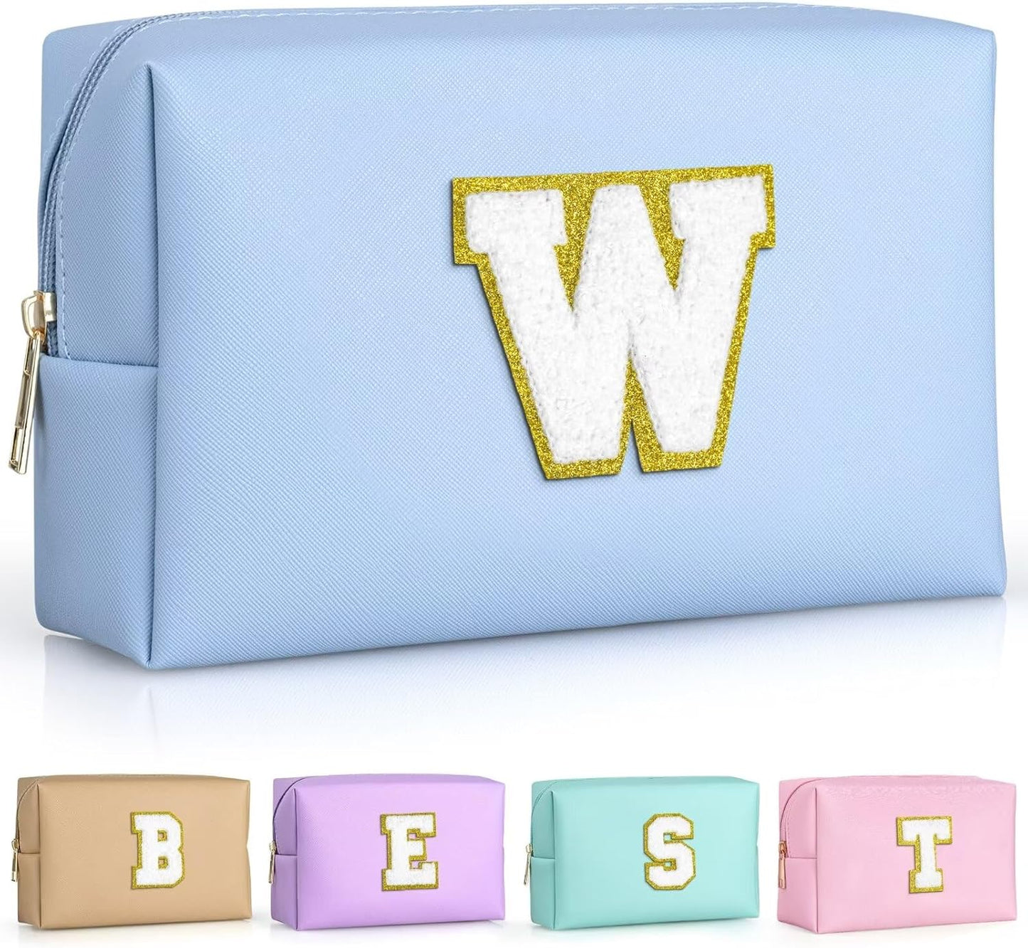 TOPEAST Initial Makeup Bags for Women, Cute Makeup Pouch, Waterproof Travel Toiletry Bag, Personalized Gifts for Girlfriend Wife on Valentine's Day Anniversary, Preppy Stuff Gift for Girl (Sky Blue W)