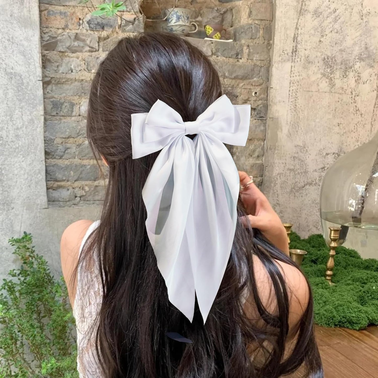 TULOBI 2Pcs Silky Satin Hair Bows for Women with Long Tail Coquette Big Hair Ribbon Hair Clip Aesthetic Hair Accessories - White