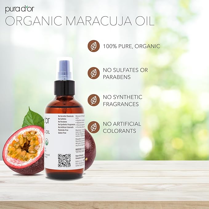 PURA D'OR 4 Oz Organic Maracuja Oil - Passion Fruit Seed Oil - 100% Pure USDA Certified Premium Grade Cold Pressed Body Oil For Hair, Skin & Face - Hydrating Therapy