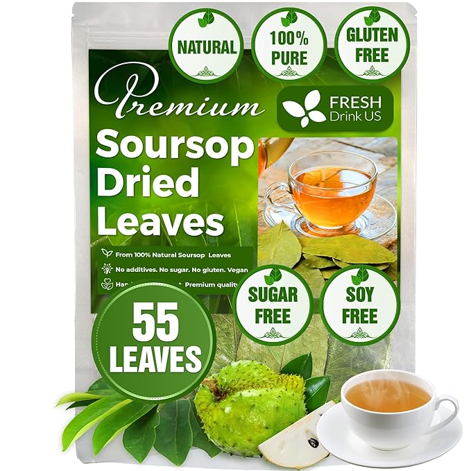 FreshDrinkUS, 55+ Premium Soursop Graviola Dried Leaves, 55-60 Natural Whole Leaves, Wildcrafted, Graviola, Hoja Guanabana, Soursop Loose Leaf Herbal Tea, No Gluten, Vegan