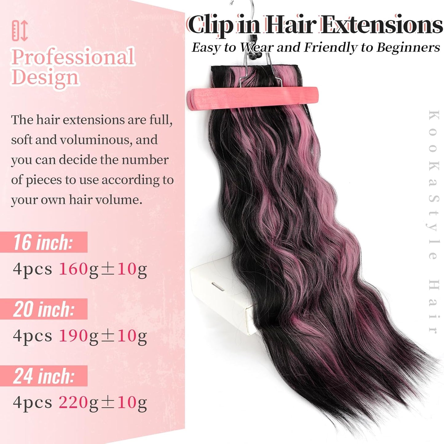 KooKaStyle Clip in Hair Extensions 4PCS Long Wavy Natural & Soft Hairpieces for Women 24 Inch for Women(Natural Black Pink)