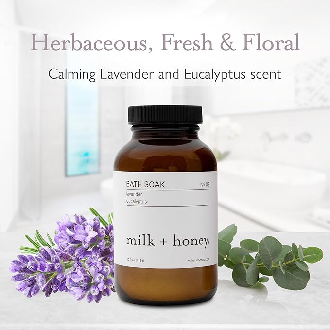 milk + honey Calming Bath Soak No. 8, Moisturizing Epsom Salt Bath Soak with Lavender and Eucalyptus Oils, Soothing and Relaxing, 10 oz