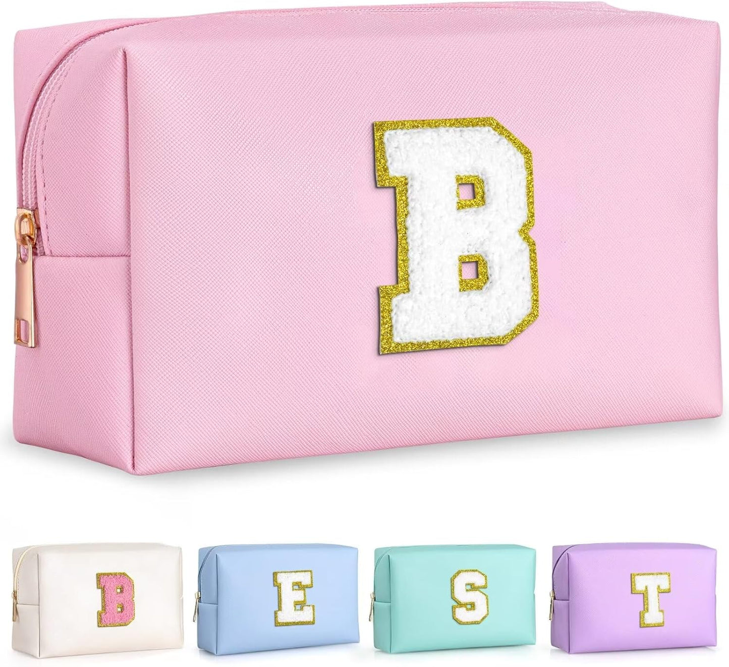 TOPEAST Preppy Patch Makeup Bag, Chenille Letter Pouch Cosmetic Bag, PU Leather Waterproof Toiletry Bag, Personalized Birthday Gift for Women Girl, Cute Stuff for Girls (Pink B)