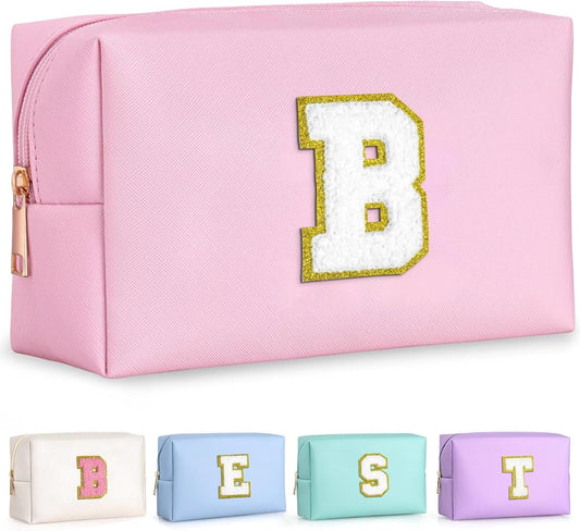 TOPEAST Preppy Patch Makeup Bag, Chenille Letter Pouch Cosmetic Bag, PU Leather Waterproof Toiletry Bag, Personalized Birthday Gift for Women Girl, Cute Stuff for Girls (Pink B)