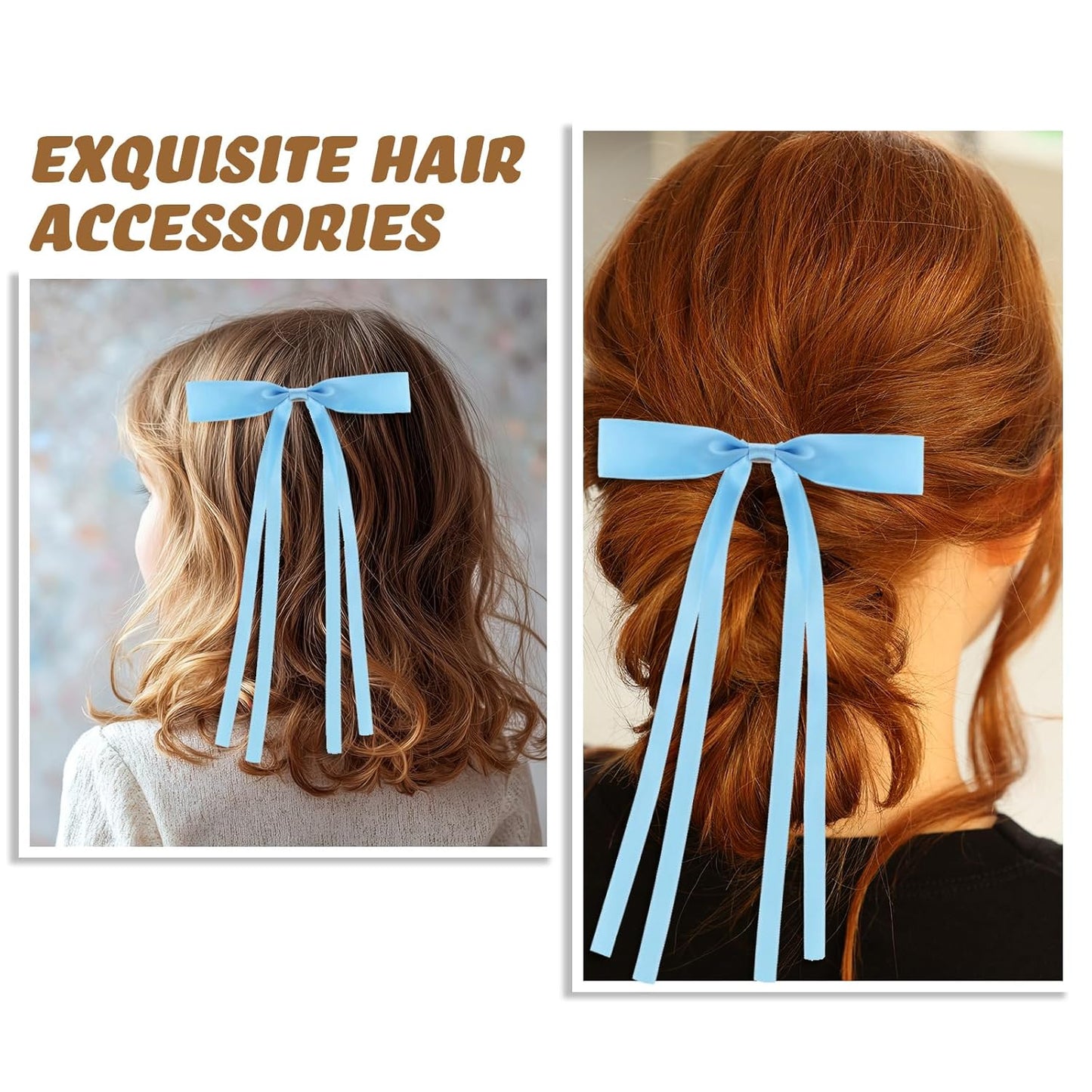 24 PCS Hair Bows Clips Ribbon,Mini Satin Hair Bows With Long Tail for Women and Girls Hairstyle Accessory Gift (Blue)