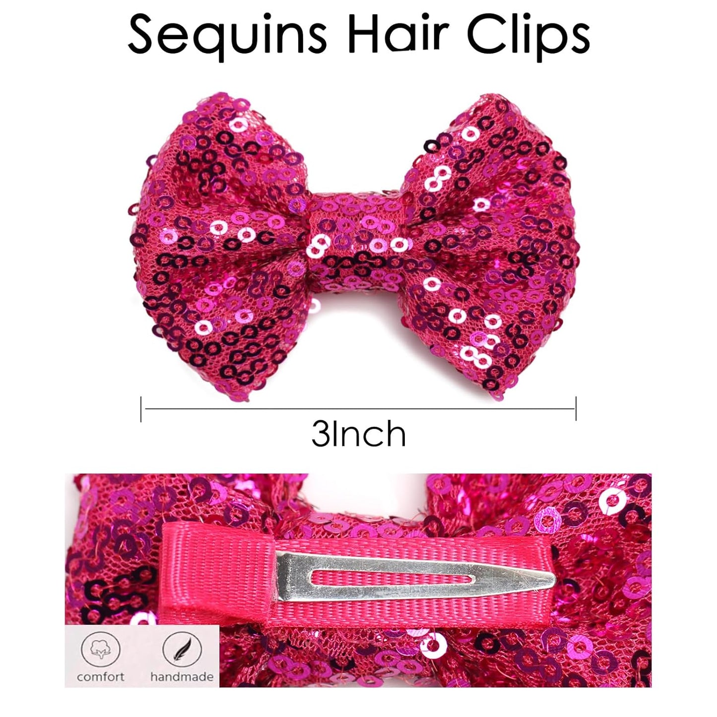 KISZU 3 Inch Glitter Hair Bows Clips, Sparkling Sequin Little Bow HairPins for Baby Girls Children Teens and Women (Rose Red)