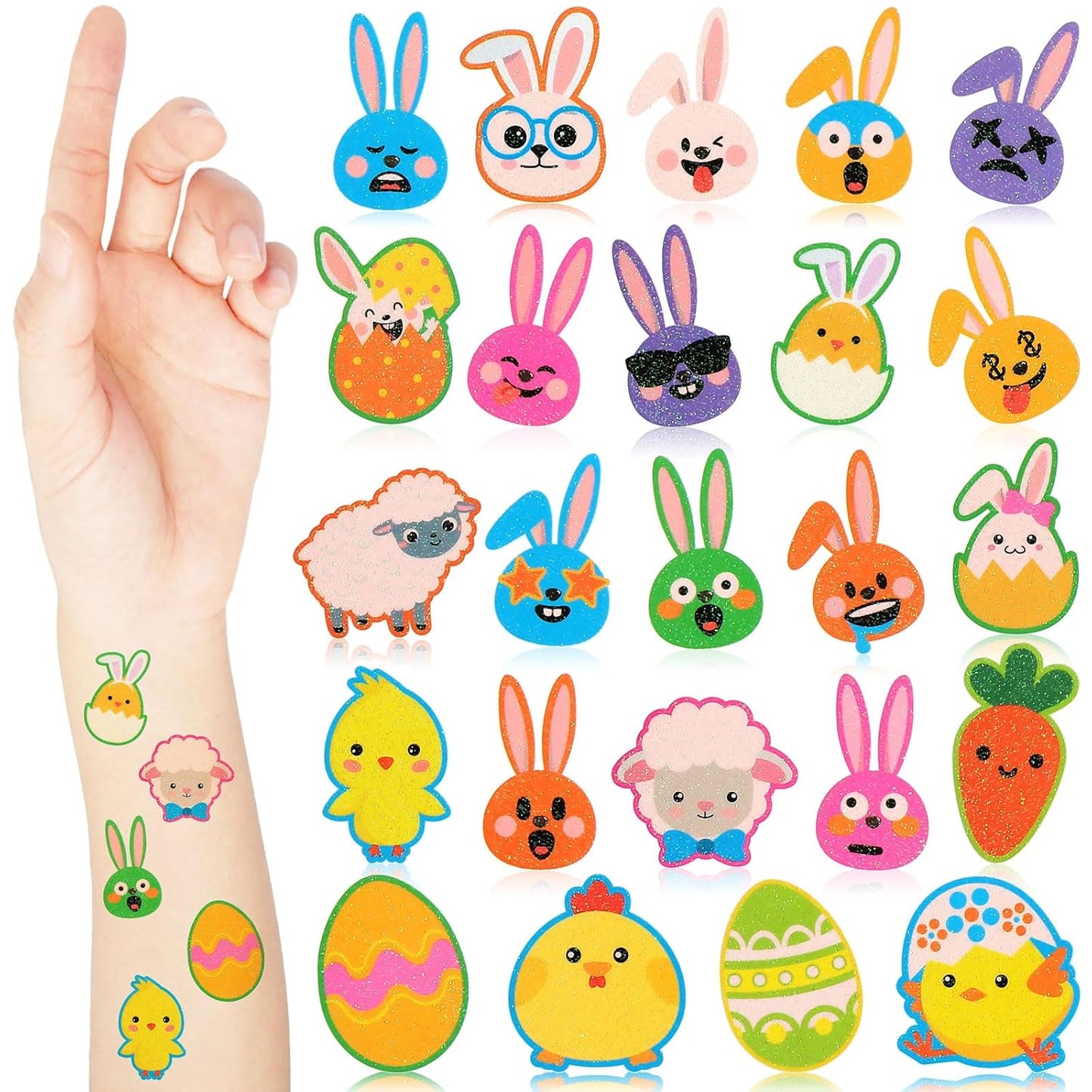 Nosiny 240 Pcs Easter Glitter Temporary Tattoos Happy Bunny Egg Chick Carrot Apparel Accessories Easter Glitter Tattoo Stickers with Expression for Kids Women Men Face Body Easter Party Favor Supplies