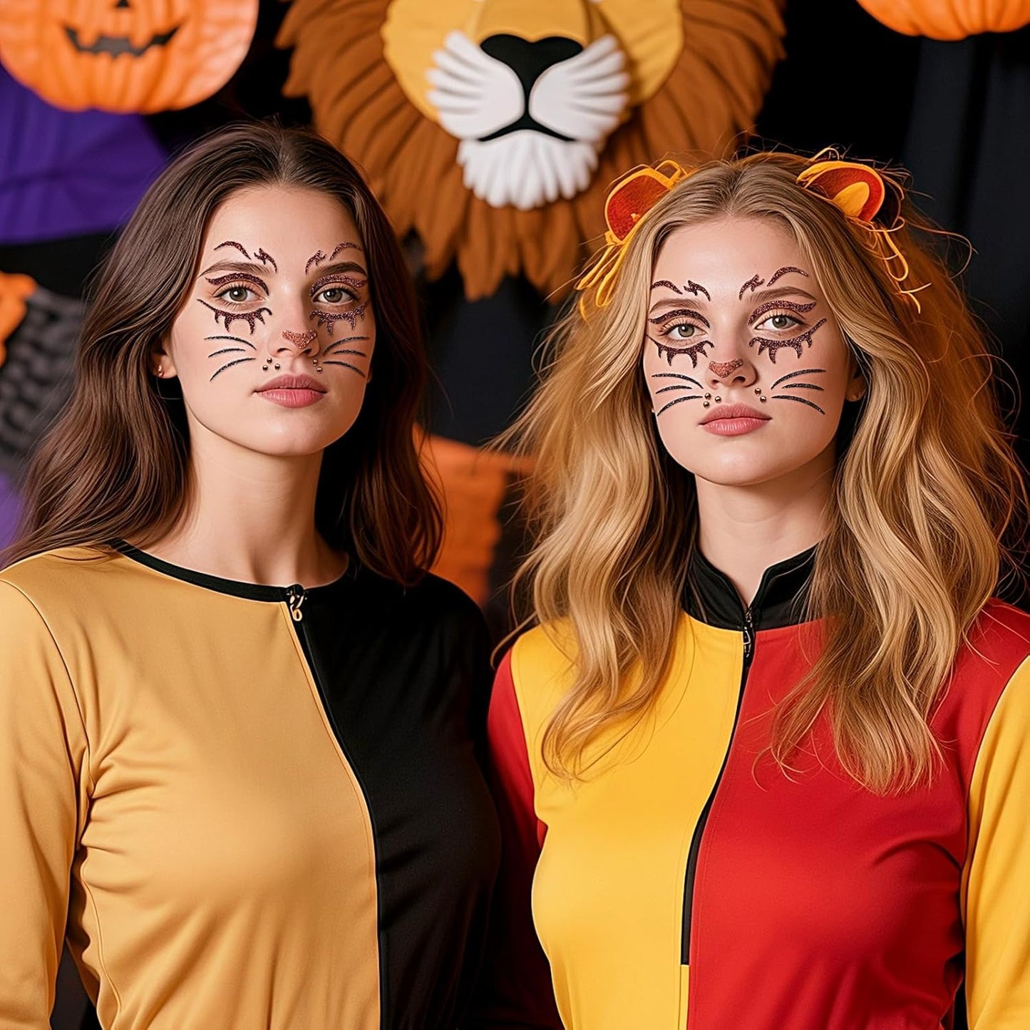 Face Stickers Gems Halloween Temporary Tattoo Sticker Animals Face Sticker Decal Body Face Self-adhesive Sticker Stage Makeup Party Cosplay Decoration 2pcs (lion)