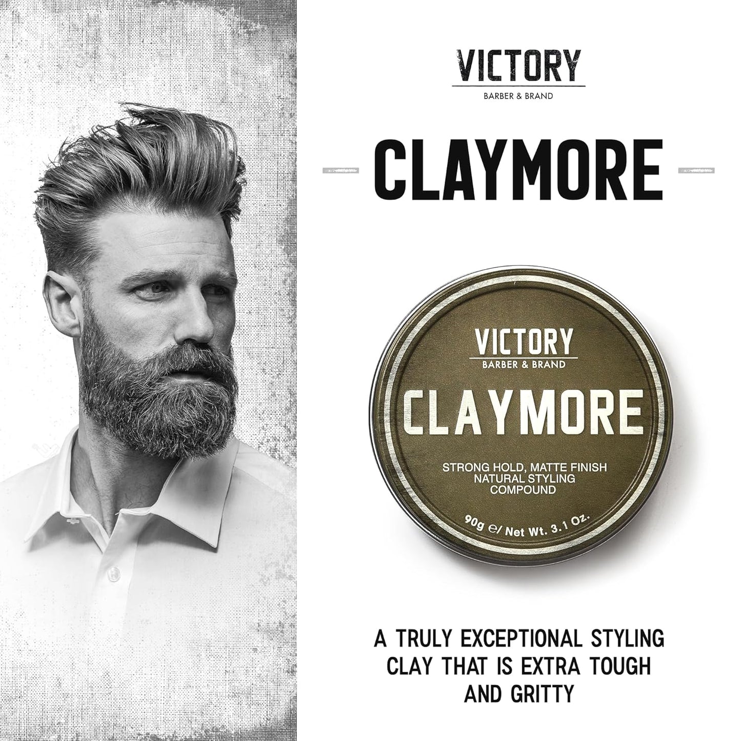 Victory Barber & Brand Claymore hair pomade for men | Strong Hold Matte Finish Men's Clay Pomade | made in usa | Designed by barbers, made for the rugged | Texturizing & Styling Clay 3.1 Oz