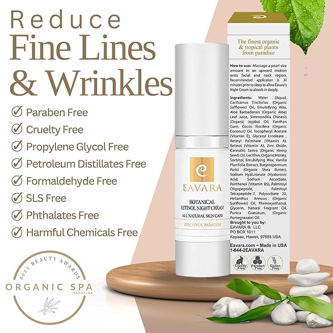 Organic Retinol Night Cream, Anti Aging Overnight Natural Face Moisturizer Cream with Hyaluronic Acid, Shea Butter, and Aloe Vera, Helps with Fine Lines & Wrinkles