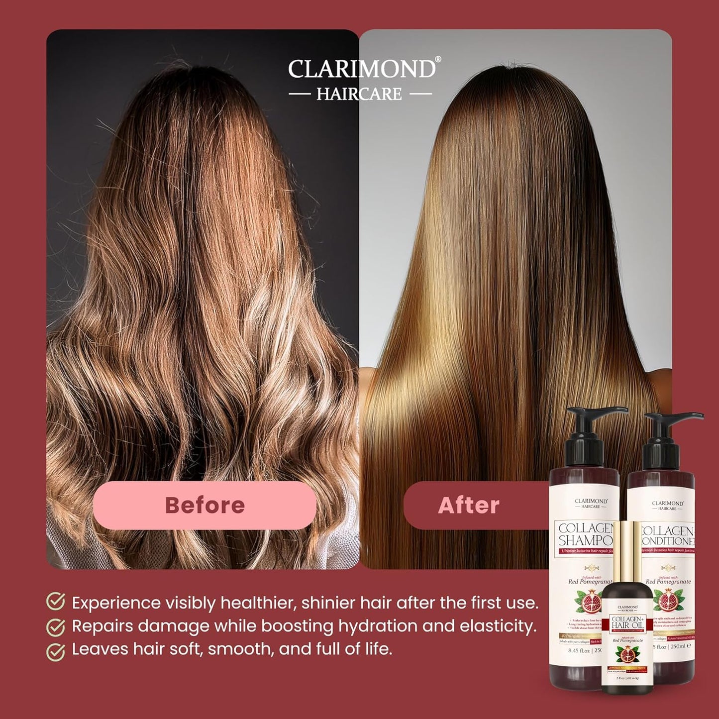 CLARIMOND Collagen Booster Complete Hair Loss Treatment - Shampoo, Conditioner & Hair Oil | UV Protection | Keratin & Vit. D/E/B5/B6 | Protect Hair Color-Treated, Frizz Control | For Sensitive Hair