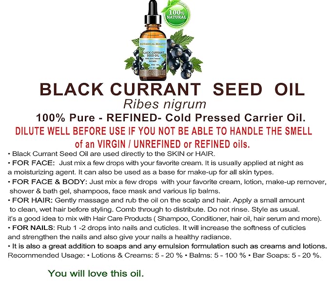 BLACK CURRANT SEED OIL 100% Pure Natural Undiluted Refined Cold Pressed Carrier oil. 1 Fl.oz. - 30 ml For Face, Skin, Hair, Lip, Nails. Rich in Gamma Linolenic acid, Omega 3 by Botanical Beauty