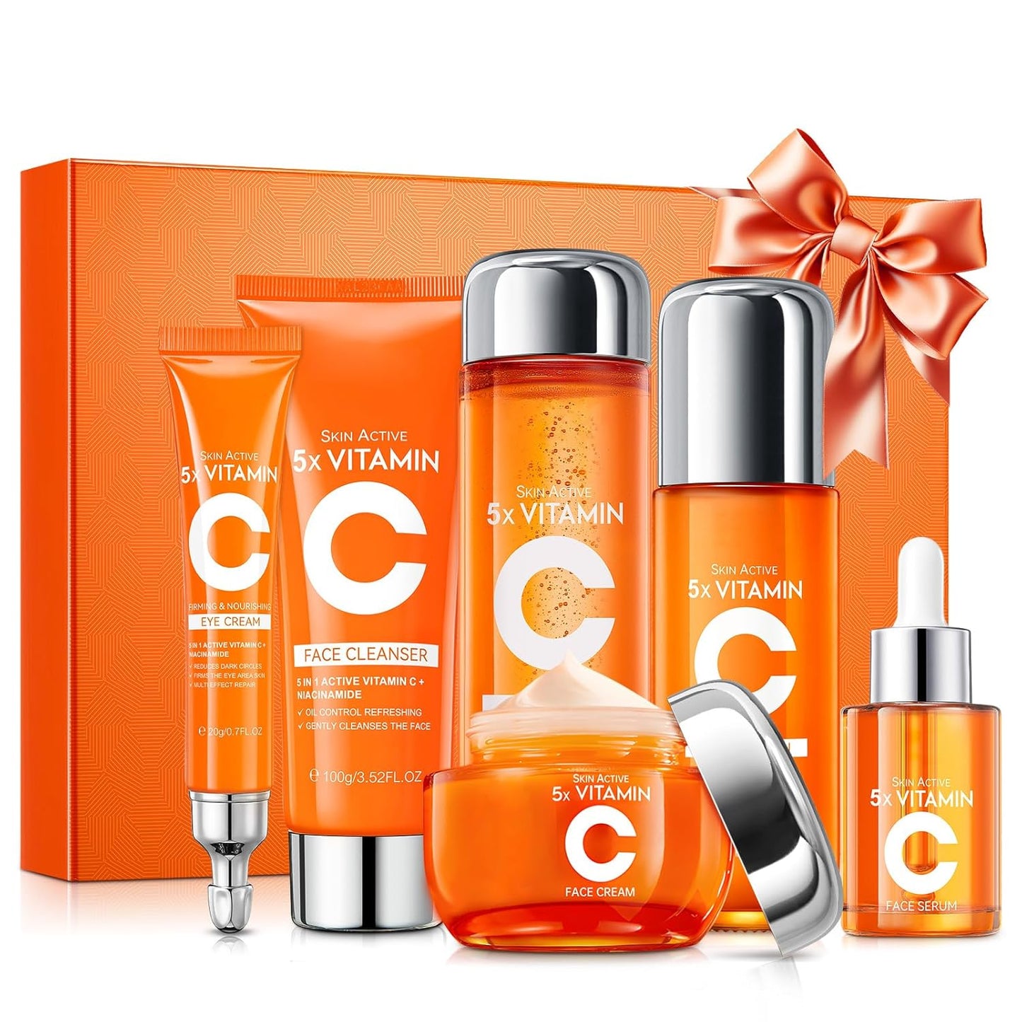 Vitamin C Skin Care Set for Women - 6PCS Skincare Gift Set With Facial Cleanser, Toner, Eye Cream, Serum, Lotion & Face Cream - Moisturizing Face Skin Care Kit for Anti-Wrinkle for All Skins