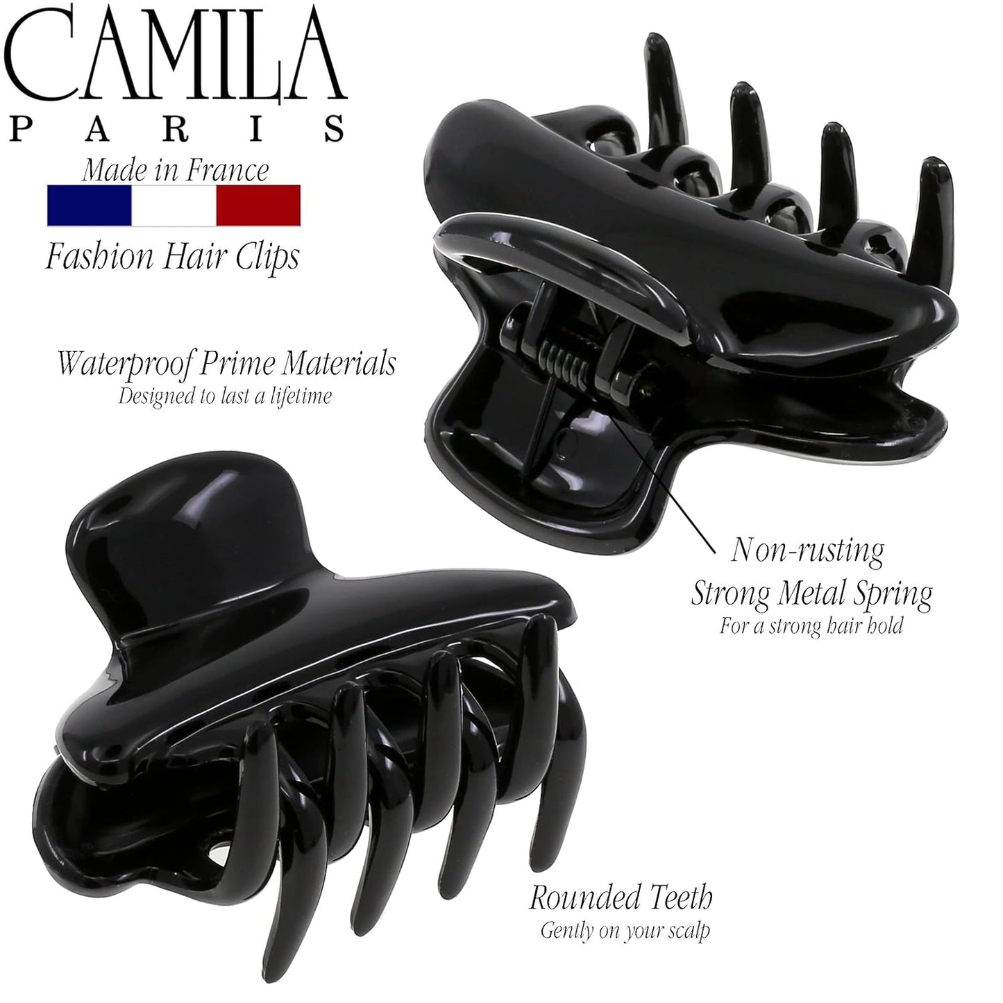 Camila Paris CP3550 French Hair Clip for Women, Small, Black 2.5 Inch Girls Hair Claw Clips Jaw Fashion Durable Styling Hair Accessories for Women, Strong Hold No Slip Grip, Made in France