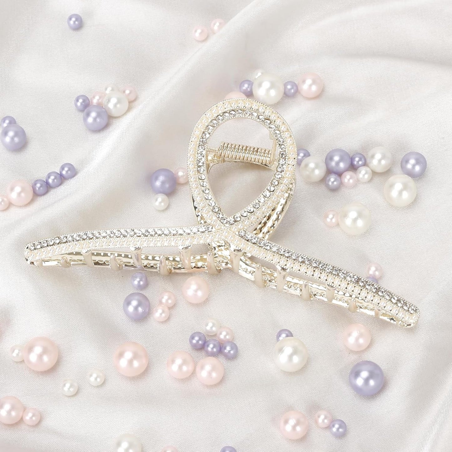 FAELBATY Large Metal Hair Clip for Women's Thick Hair 4.5 Inch, Pearls and Rhinestones Design, Strong Hold Claw Barrettes for Long Hair, Hair Accessories (Style 2, 1 Count)