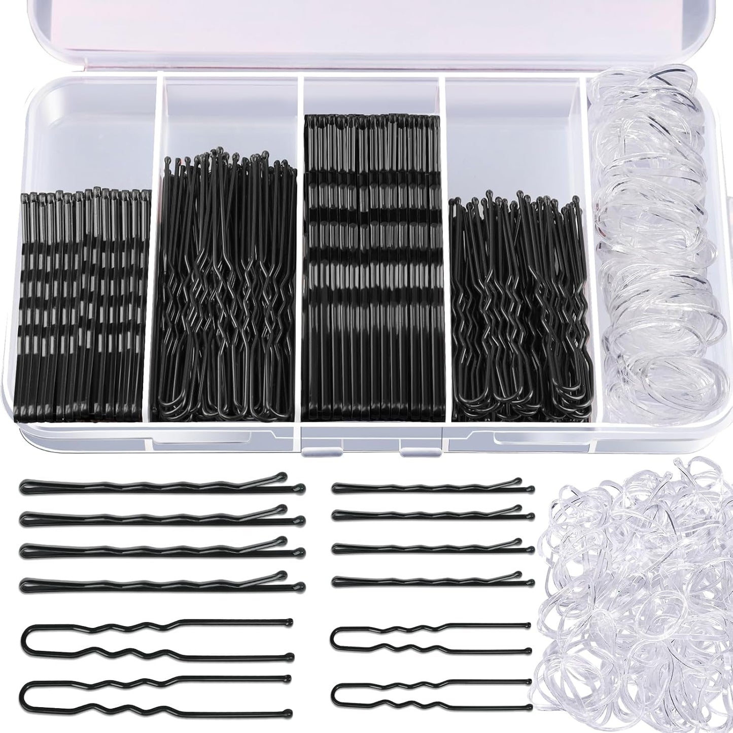 Teenitor 300pcs Hair Pins - Black Bobby Pins, Hair Bands Kit with U Pins for Buns & Bobby Pins in 2" & 2.75" Sizes