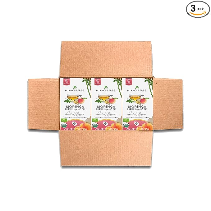 Miracle Tree - 3 Count of Organic Moringa Superfood Tea, 25 Individually Sealed Tea Bags, Peach & Ginger (Keto, Detox, Energy/Immunity Booster, Vegan, Gluten-Free, Organic, Non-GMO, Caffeine-Free)