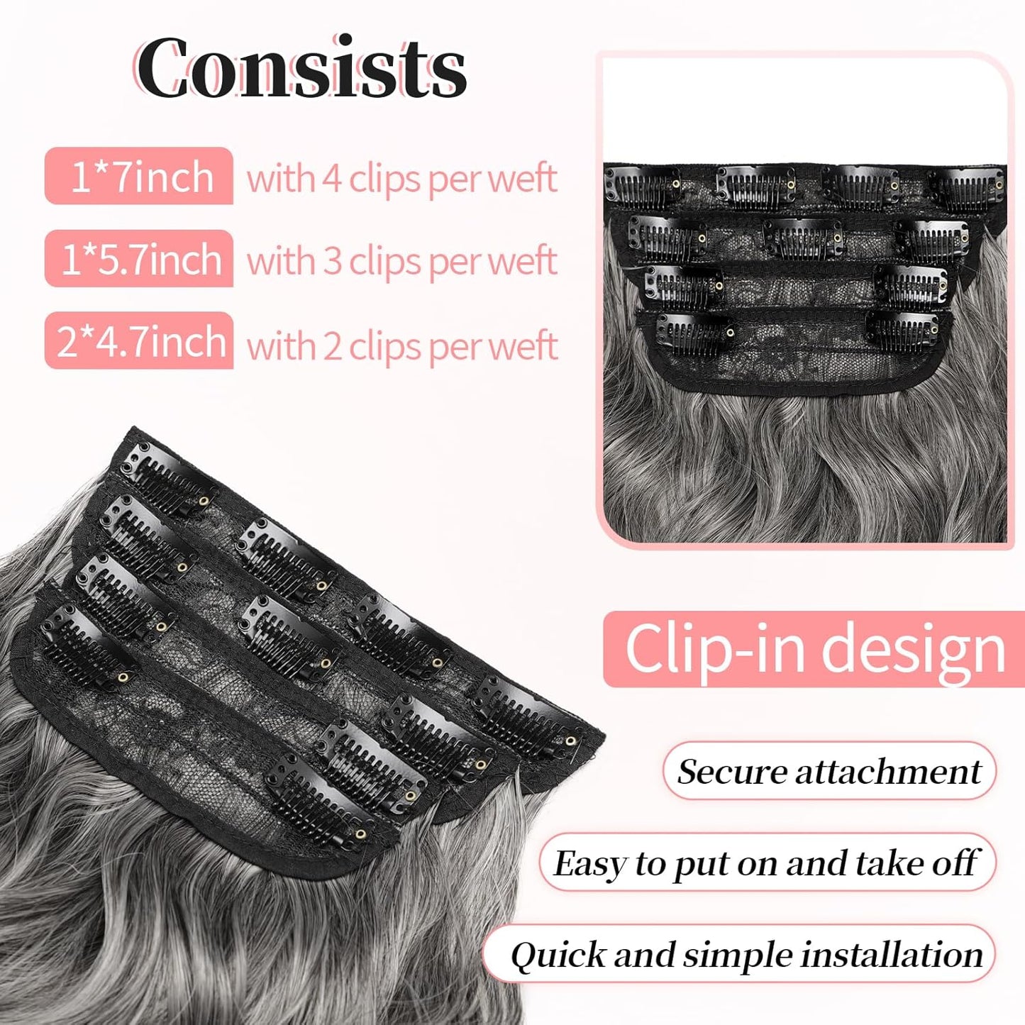 KooKaStyle Clip in Synthetic Hair Extensions Long Wavy 4PCS Thick Hairpieces Grey Sliver Mixed Fiber Double Weft Natural Hair Extensions 20 Inch for Women