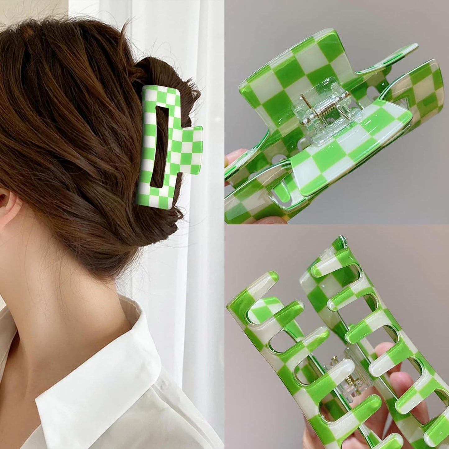 Checkered Rectangle Hair Claw Clips, Large Acrylic Multicolored Square Checker Barrettes for Thin Thick Hair Cute Non Slip Hair Jaw Clips Strong Hold Rectangle Claw Clamps for Women Ladies (4 Pack)