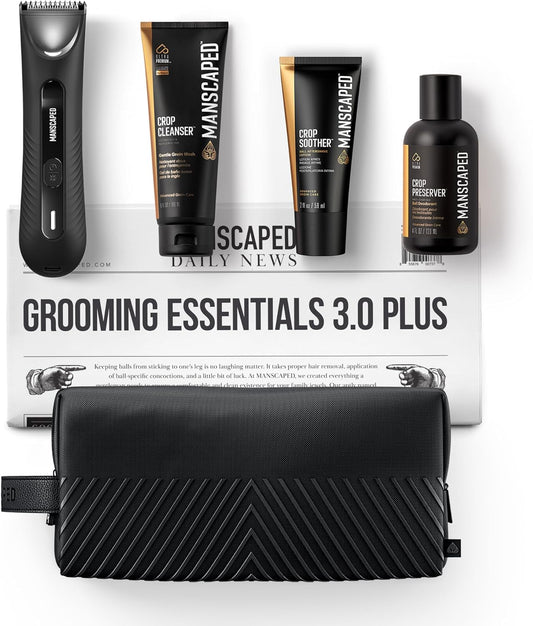 MANSCAPED® Grooming Essentials 3.0 Plus Routine with The Lawn Mower® 3.0 Plus Men's Groin Hair Trimmer, Crop Preserver® Ball Deodorant, Crop Cleanser®, Crop Soother™ Aftershave, Shed 2.0 Toiletry Bag