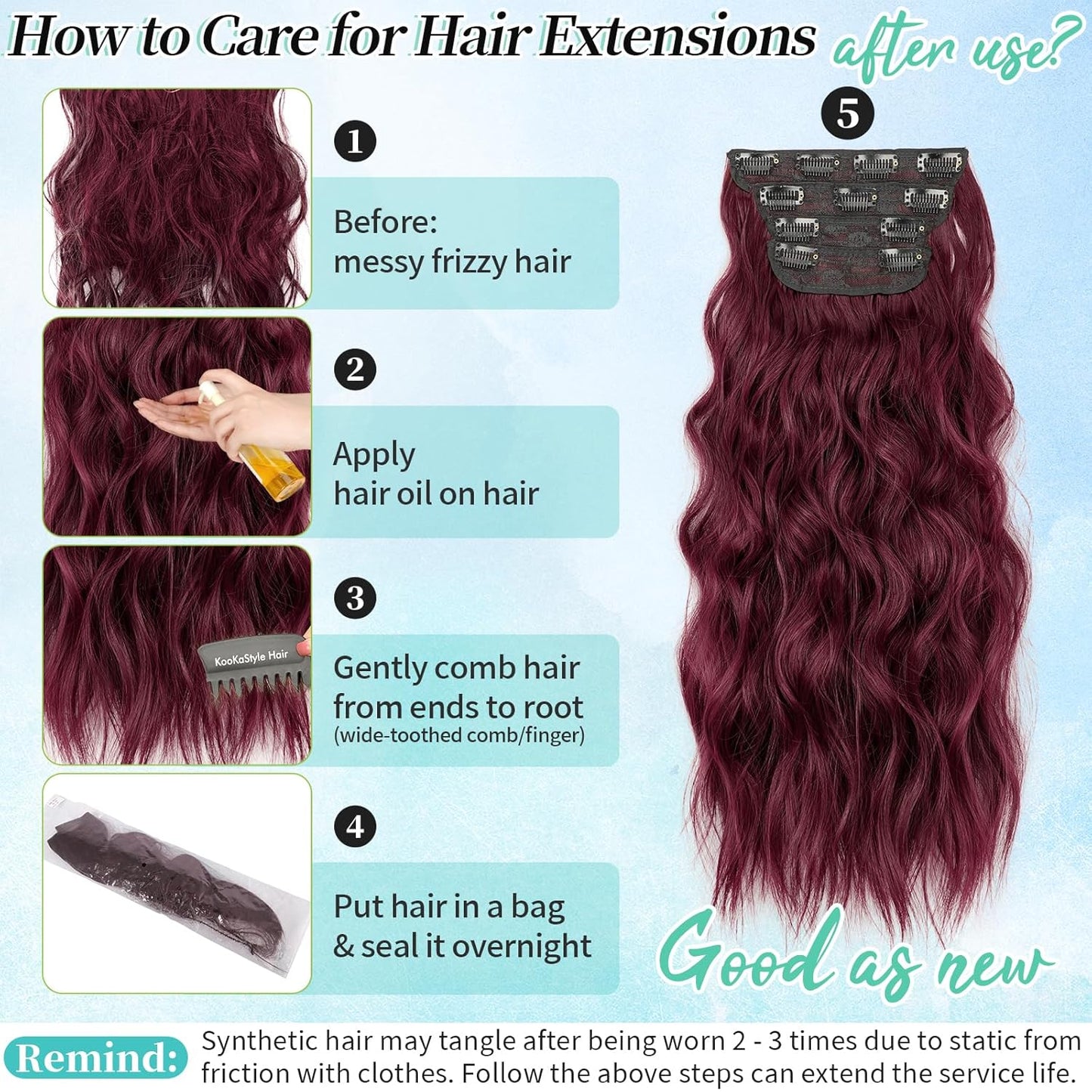 KooKaStyle Hair Extensions Burgundy Clip in Synthetic Highlight Hair Extensions Long Wavy 4PCS Thick Hairpieces 20 Inch for Women