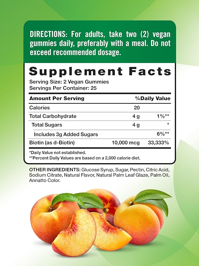 Nature's Truth Biotin Gummies | 10000mcg | 50 Count | Vegan, Non-GMO & Gluten Free Supplement | Peach Flavor