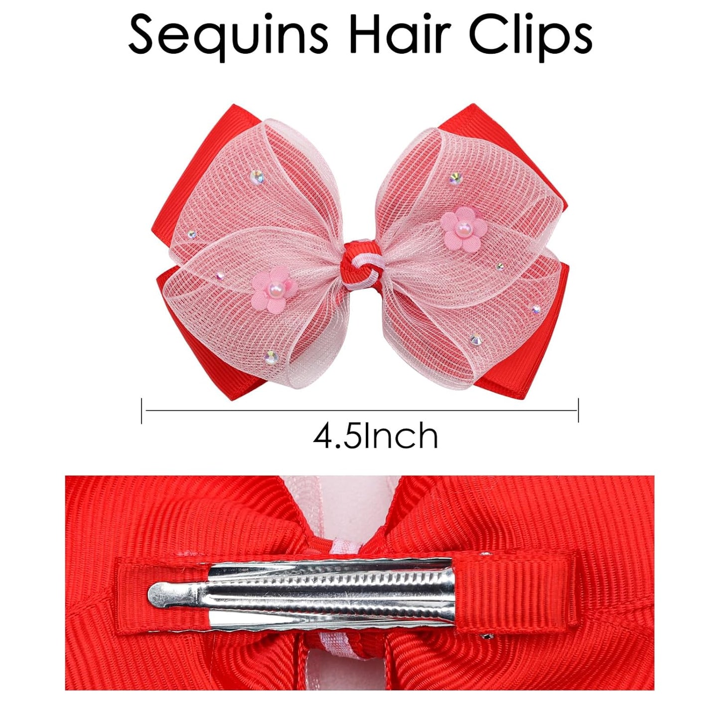 KISZU 4.5 Inch Flower Hair Bow Clips, Organza Bows with Pearls Big Hair Accessories for Baby Girls Kids Children Teens and Women (Red)