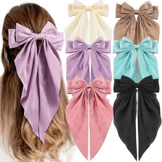 6 PCS Hair Bows for Women, Big Bow Hair Clips for Girls, Silky Satin Hair Bows Clips Oversized Long Tail, Large Cute Aesthetic Hair Accessories, Metal Bow Hair Clips Holiday Gifts