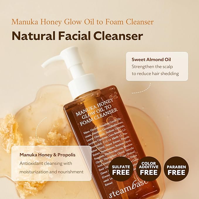Manuka Honey Glow Oil to Foam Cleanser | Daily Makeup Remover and Cleanser, Hydrating Foaming Face Wash for Dry Skin, Double Cleanse | Korean Facial Oil Cleanser, 7.27 fl oz