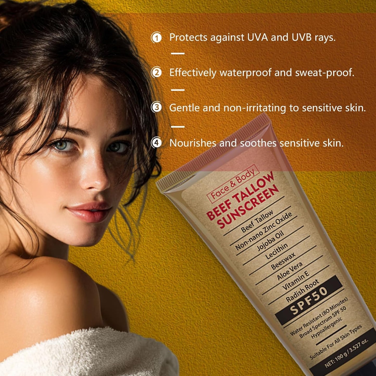 Beef Tallow Sunscreen for Face & Body, Natural Organic Sunscreen SPF 50, Beef Tallow for Skin Non Greasy, No White Cast, Fast Absorbing, Deep Moisturizing for Sensitive Skin, Summer Outdoor, 3.52 OZ