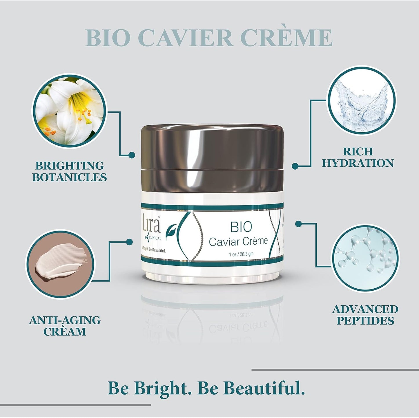 Lira Clinical BIO Caviar Crème - Daily Hydrating Facial Moisturizer with Advanced Peptide Complex and Vitamin C - Night Cream for Dry Skin - Travel Size Nourishing Cream for Skincare Routine - 1 oz