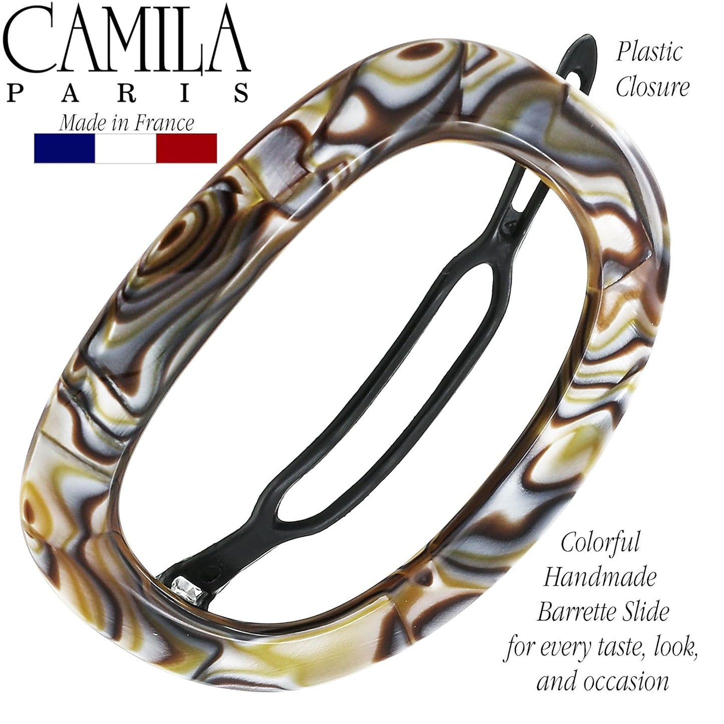 Camila Paris CP3355 French Hair Barrette Clip for Women, Handmade, Onyx, Slide-in Metal-Free Closure, Strong Hold Grip Hair Clips for Girls, No Slip Durable Styling Hair Accessories, Made in France