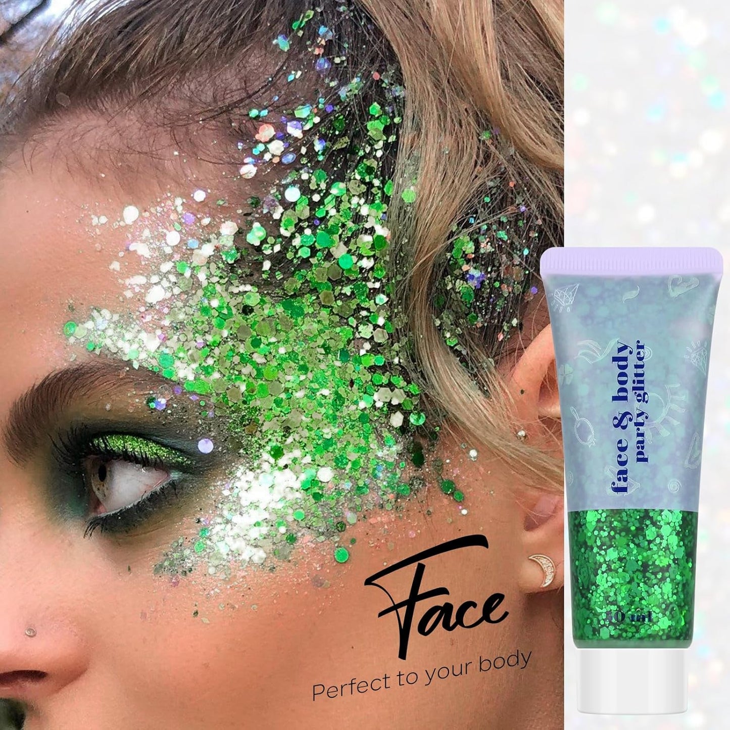 Green Face and Body Hair Glitter Gel, St Patricks Day Shamrock Face Paint Holographic Chunky Festival Rave Accessories Glitter Makeup, 6 Kinds of Sparkling Sequins for Hair Nail Eye Lip Body