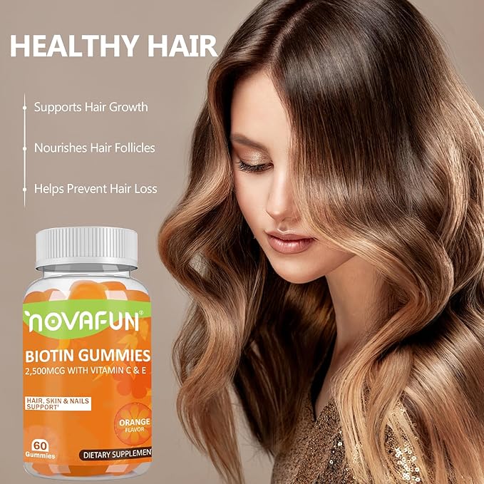 Vegan Biotin-Gummies for Hair, Skin & Nails, 2500 mcg Biotin with Vitamins C & E, for Women, Men & Kids, Gluten Free, Orange Flavor, 60 Gummies