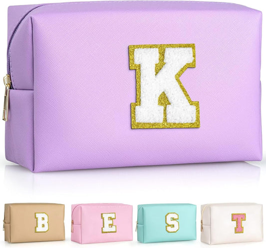 TOPEAST Initial Cosmetic Bag, PU Leather Waterproof Travel Toiletry Bag, Monogrammed Gifts for Women, Personalized Birthday Gift for Sister Friends, Cute Stuff for Girls (Purple K)