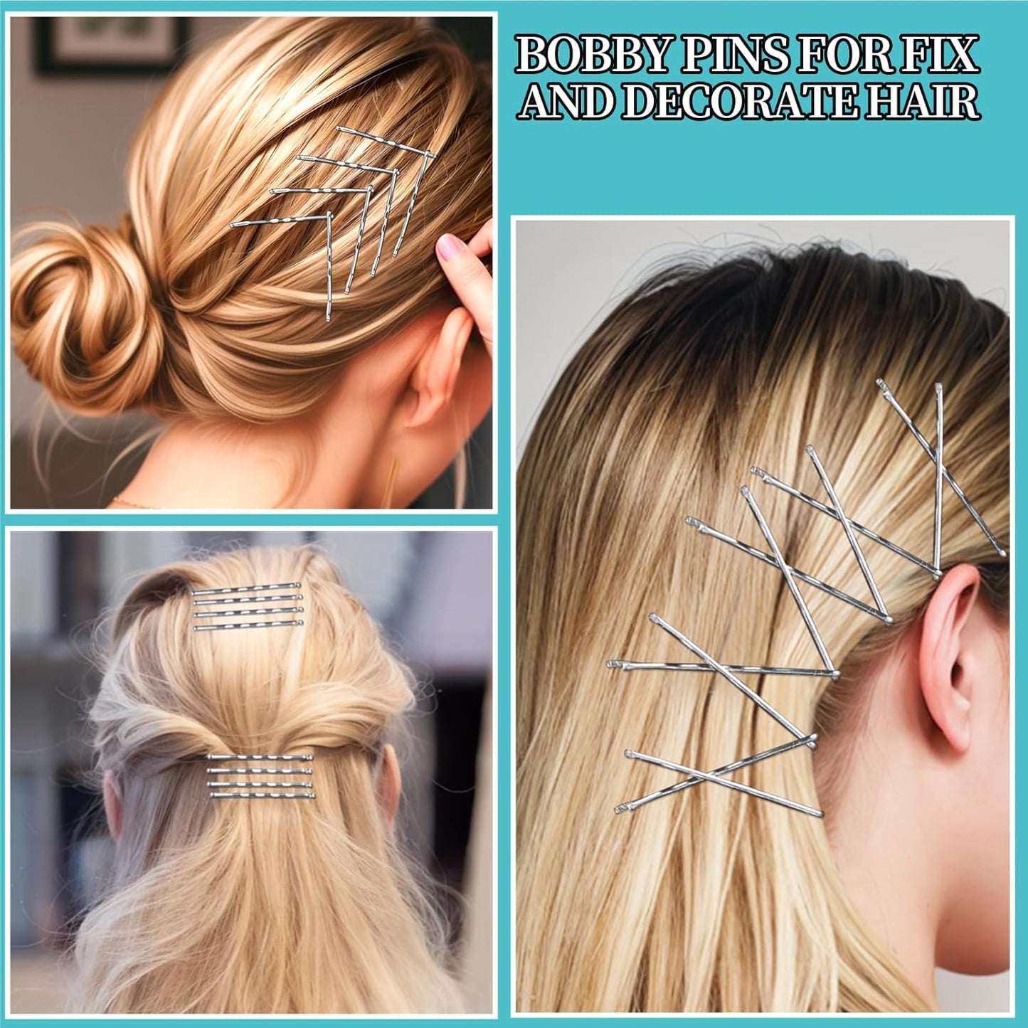 Teenitor 300pcs Silver Bobby Pins Hair Pins Kit, 100pcs Bobby Pins 100 Hair Pins for Women for Buns, 100pcs Hair Bands, 2" 2.36", Silver Bobb y Pins for Gray Hair 2" 2.75"