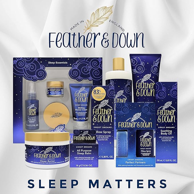Feather & Down Sweet Dream Sleep Essentials Gift Set: 50ml Pillow Spray, 50ml Melting Shower Cream, 16g All-Purpose Sleep Balm & 50ml Sleep Butter, Vegan & Cruelty Free