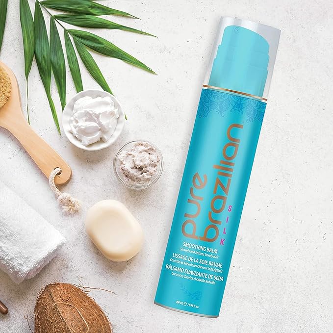 Pure Brazilian Silk Smoothing Balm with Keratin, Hydrolyzed Silk & Coconut Oil, Anti-Frizz, Nourishing & Strengthening Formula, Salon-Quality Treatment, 6.78 Oz