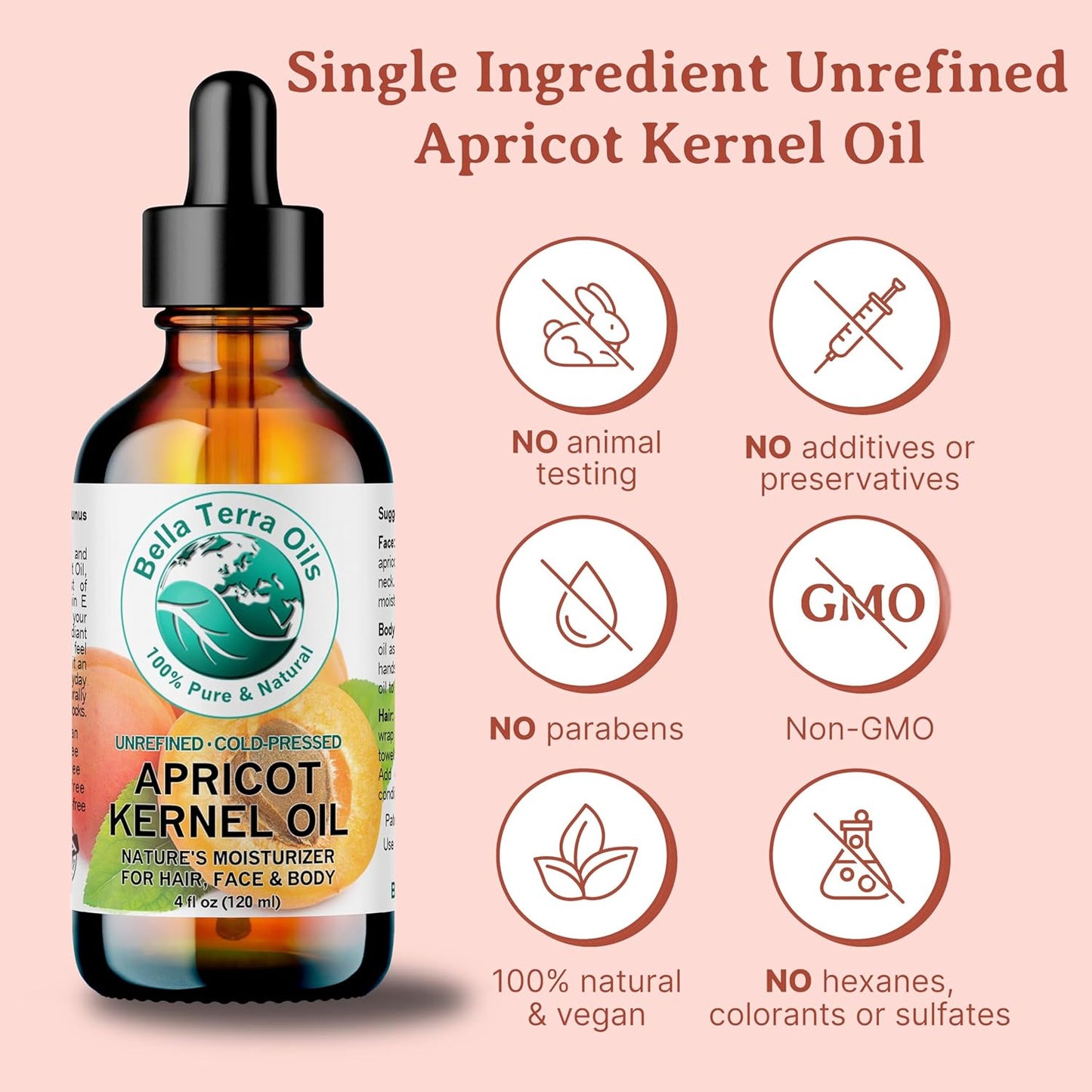 Bella Terra Oils - Organic Apricot Seed Oil 8 oz - Embrace the Bitter Organic Apricot Kernels Richness, Vitamin-Enriched, Perfect for Soothing & Moisturizing Skin