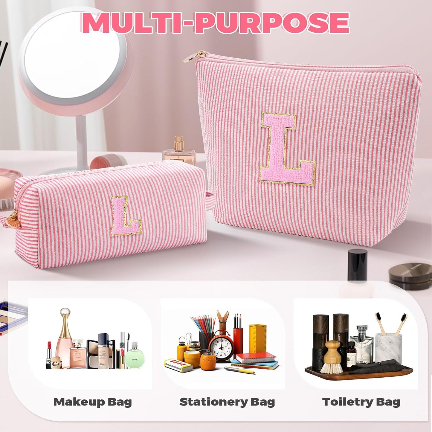 Monogrammed Gifts for Women - Cosmetic Bag for Teen,Initial Cute Makeup Bag Set for Women,Trendy Pouch for Niece Sister Friend Female Her,Birthday Gifts for Daughter - Peach,L