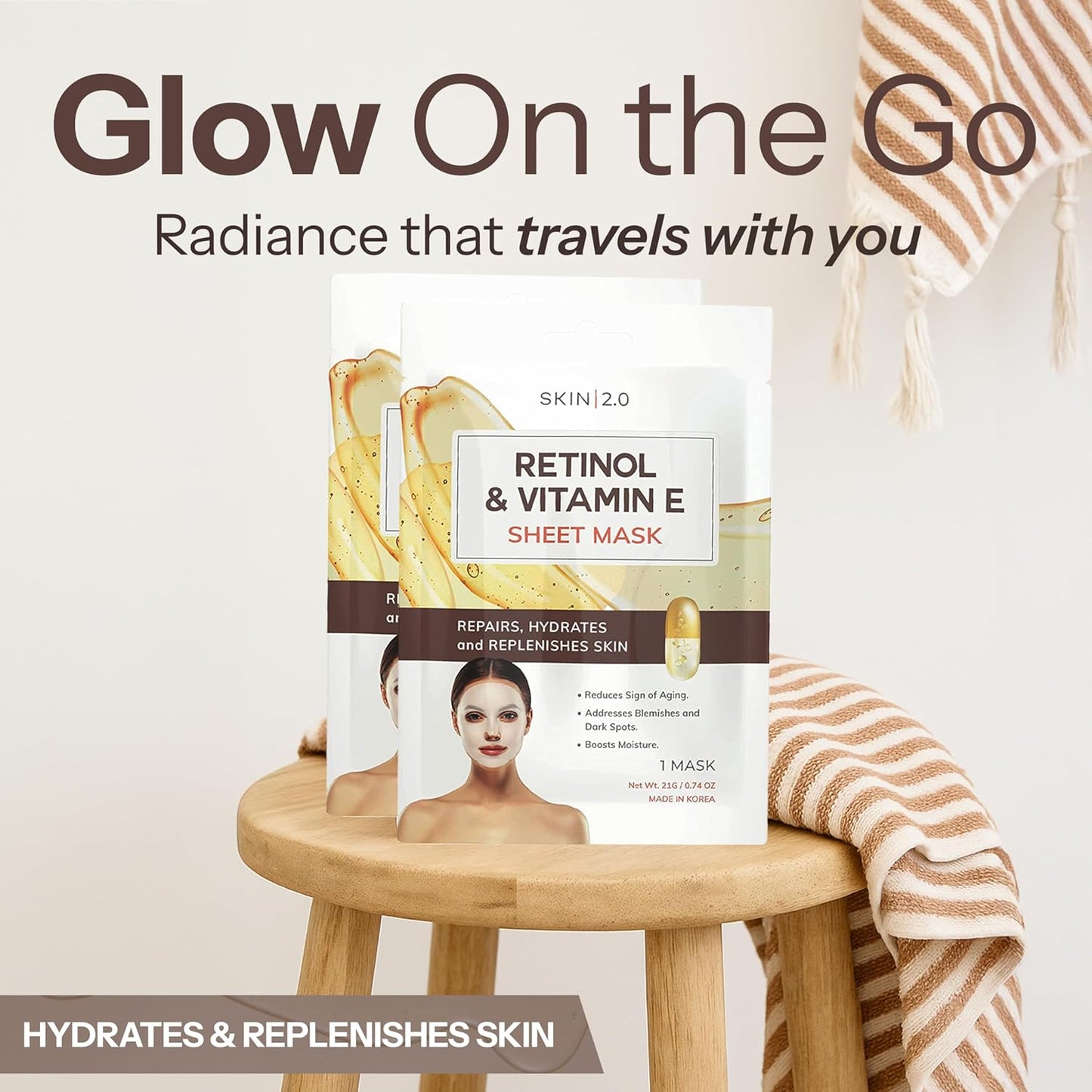 Retinol & Vitamin E Sheet Mask - Anti-Aging, Acne Scar & Hyperpigmentation - Hydrating, Dermatologist Tested Korean Skincare - Clean Beauty, Cruelty-Free, All Skin Types - 5 Masks