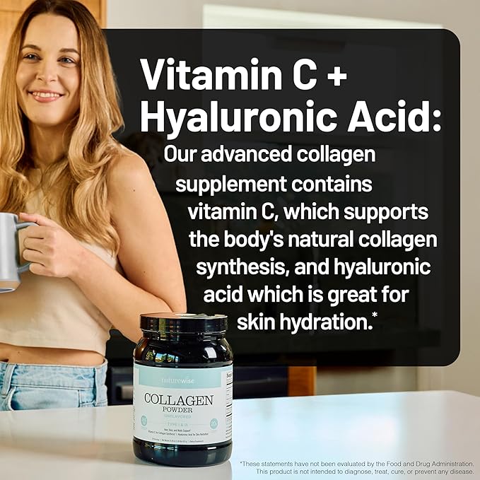 NatureWise Collagen Peptides Powder with Hyaluronic Acid and Vitamin C - Unflavored Collagen Peptides for Women & Men - Type I & III for Hair, Skin & Nails - Sugar, Gluten & Dairy Free - 30 Servings