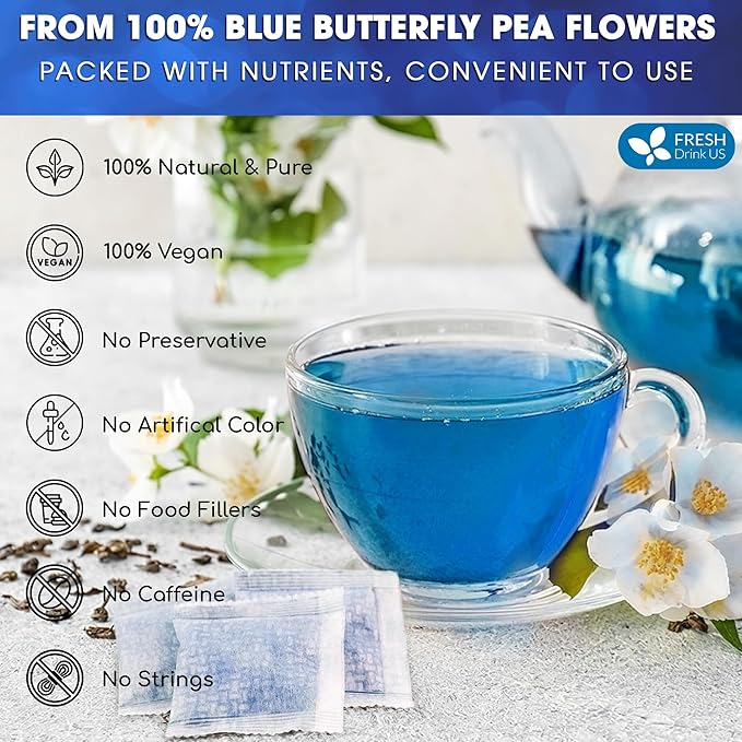 FreshDrinkUS, Premium 100 Blue Butterfly Pea Flowers Tea Bags, 100% Natural and Pure from Butterfly Pea Flowers, Made With Natural Material Tea Bag, No Sugar, No Caffeine, No Gluten, Vegan