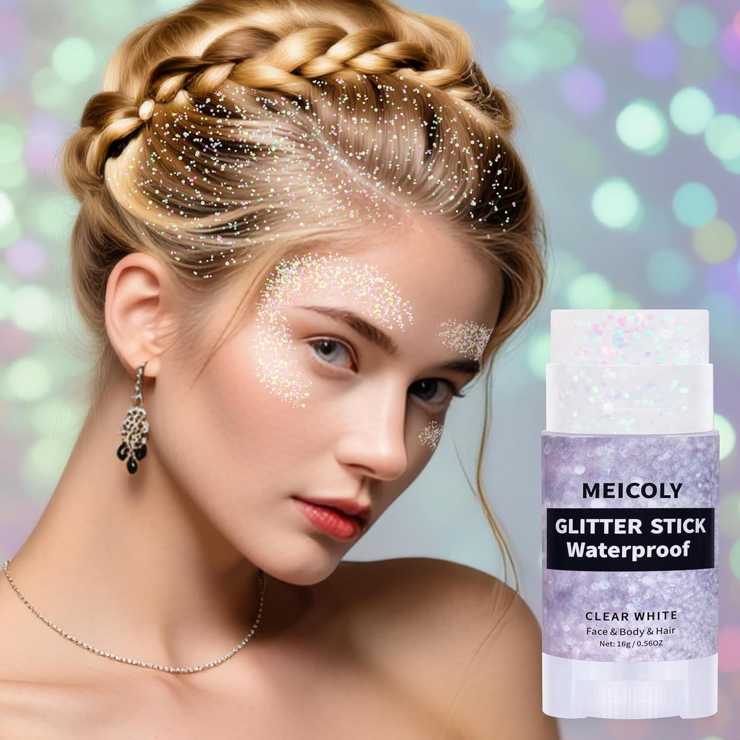 MEICOLY Clear White Face Body Glitter Stick,Hair Glitter Stick for Kids and Women,Sparkle Chunky Glitter Makeup,Waterproof Face Glitter for Party Rave Festival